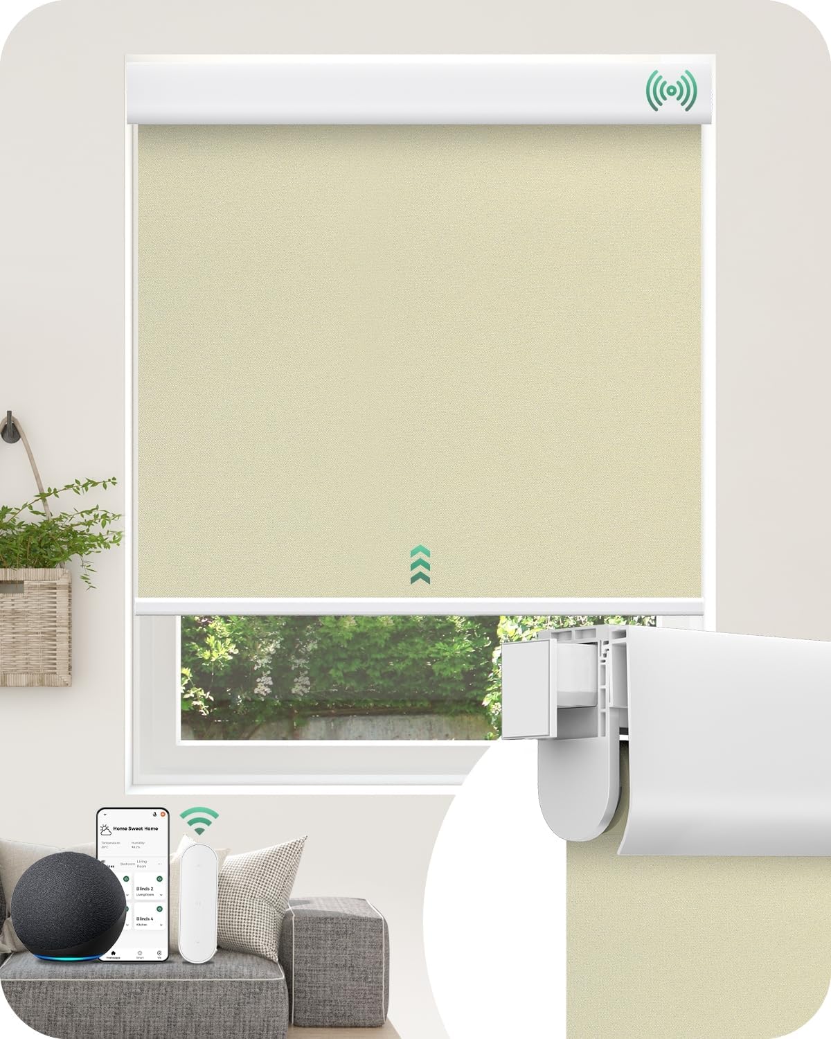 Allesin No Drill Motorized Roller Blinds – Rechargeable Electic Blackout Shades with Cassette Cover, Utral-Quiet Motor, Automatic Blind with Remote for Indoor Windows (Beige, 34.5" W x 72" H)