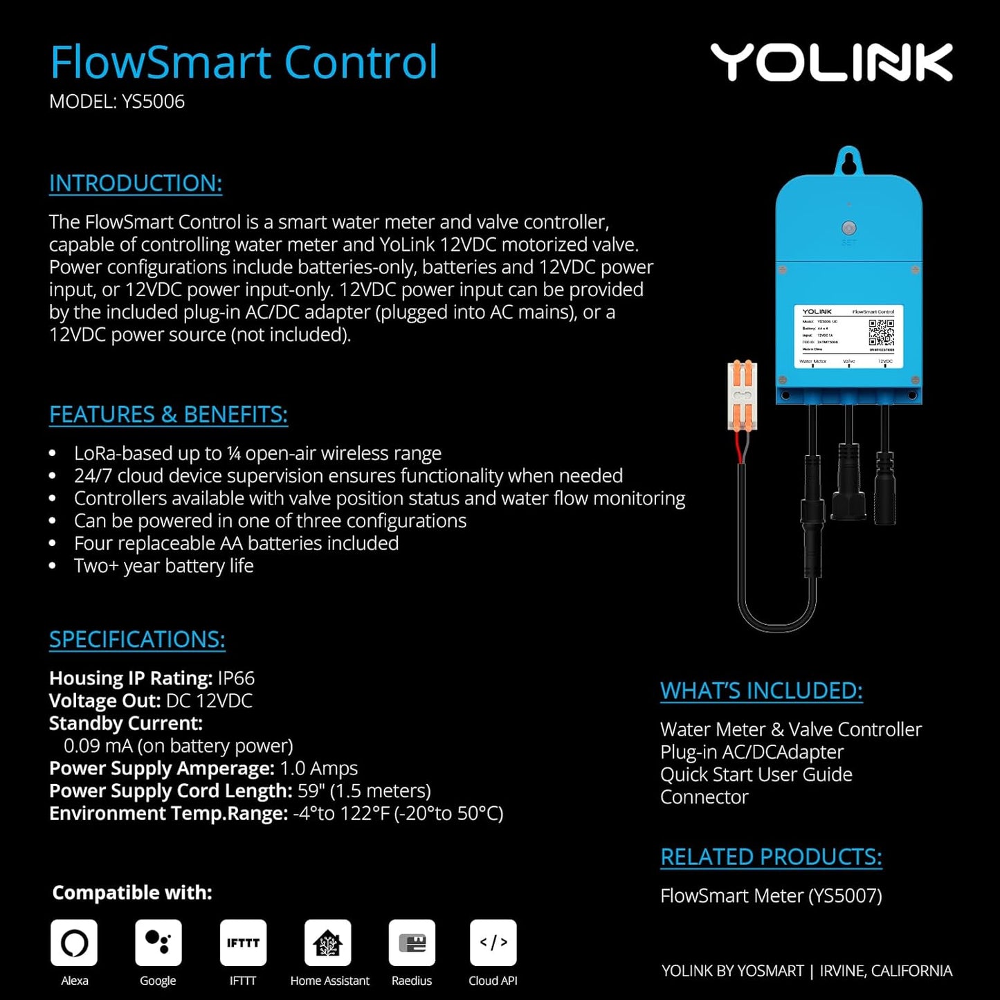 NSF Certified Pulse Meter + Shutoff Valve Kit, 2", FlowSmart Controller YS5006 Reads Meter Pulses, Real-Time Usage & Leak Detection, Auto Shutoff (D2D Offline), LoRa Long Range, Hub Included