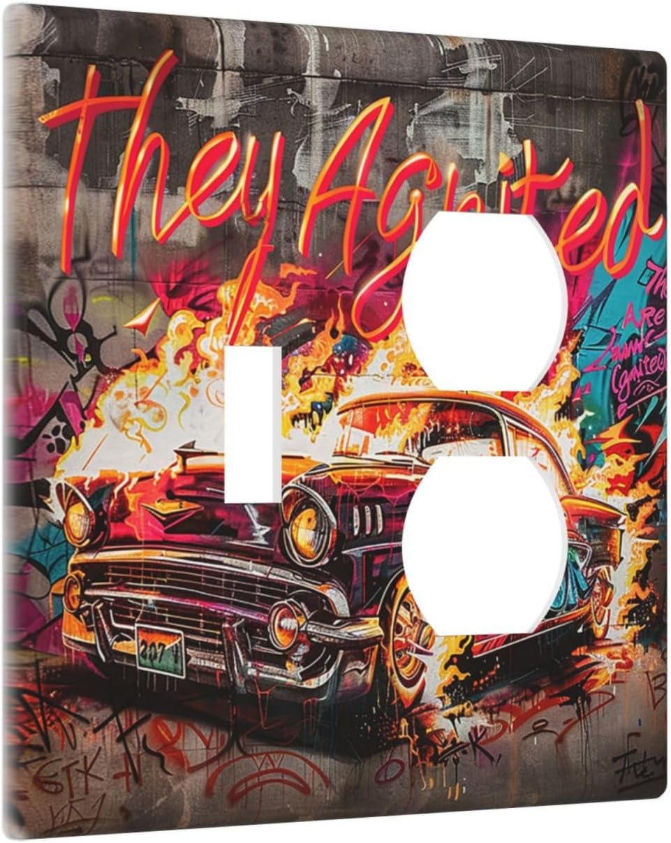 Wallplates Hip Hop Street Graffiti Flame Car 1 Toggle 1 Duplex Switch Plate Electrical GFCI Faceplate Decorative Light Switch Covers for Bedroom living Room Decor