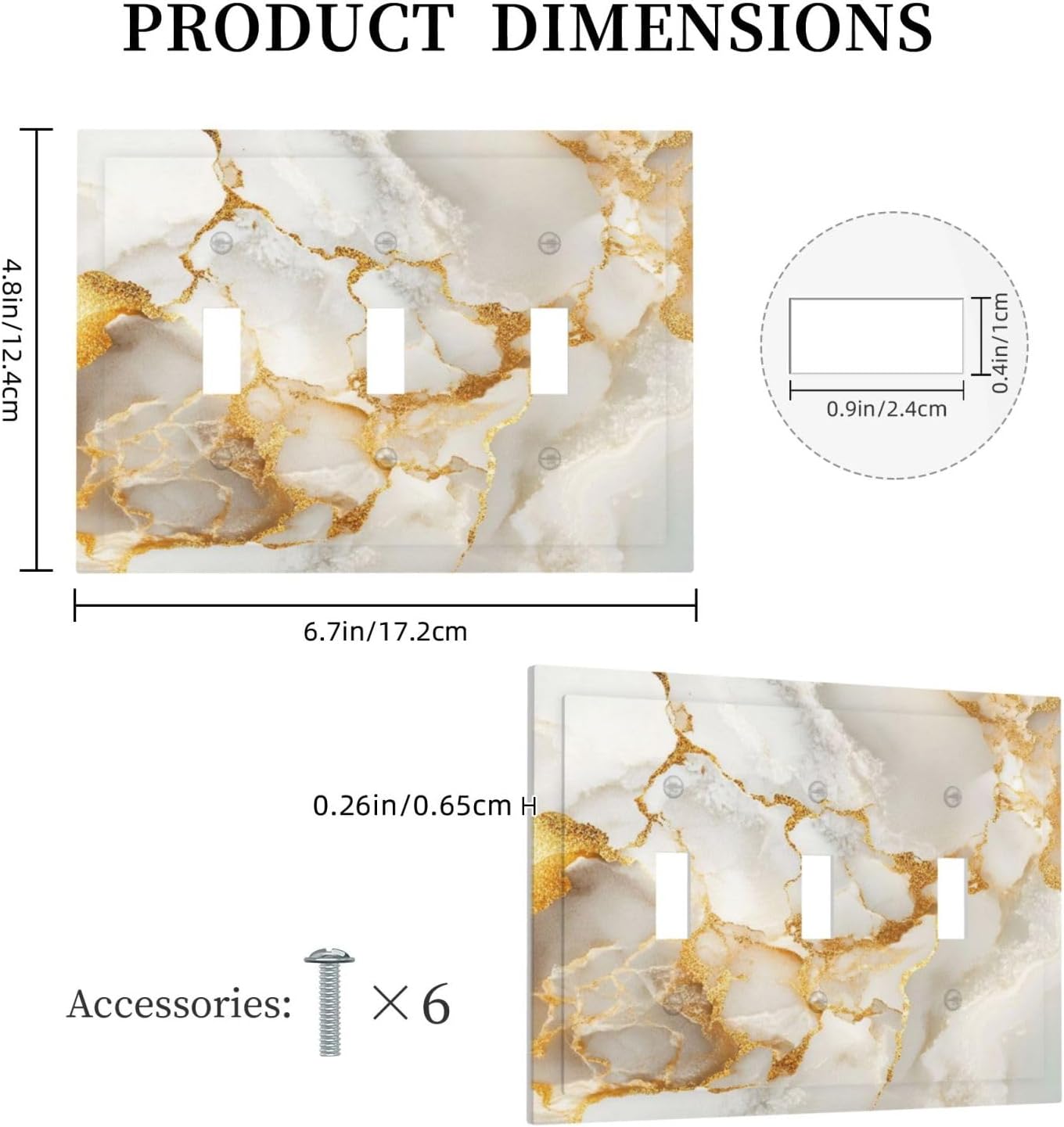 Gold Marble Crack Simple Abstract Print Decorative Switch Plates 3 Gang Wall Plate Triple Toggle Light Switch Cover Faceplate Electrical Wall Panels for Bathroom Kitchen Home Decor
