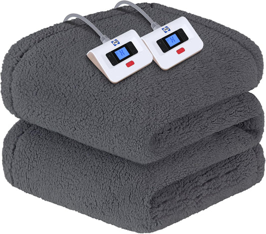 Sealy Electric Blanket Queen Size, Dual Control Soft Sherpa Heated Blanket with 10 Heating Levels & 1 to 12 Hours Auto-Off Settings Over-Heated Protection 84"x90" Machine Washable, Dark Grey