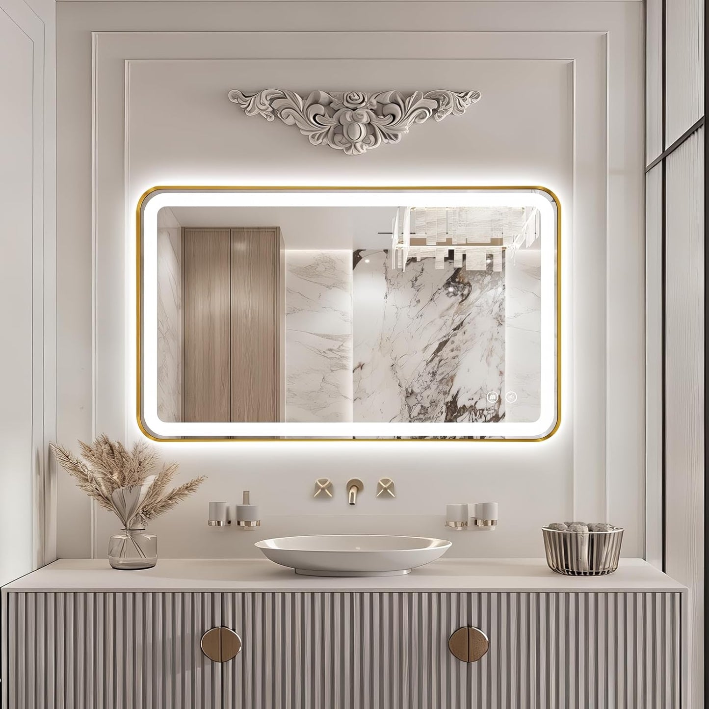 40"x24" Lighted Vanity Mirror with Lights, Gold Metal Frame Led Mirror for Bathroom, Anti-Fog Wall Mirror with Front and Backlit, Shatterproof, 3 Colors Stepless Dimmable, Horizontal/Vertical