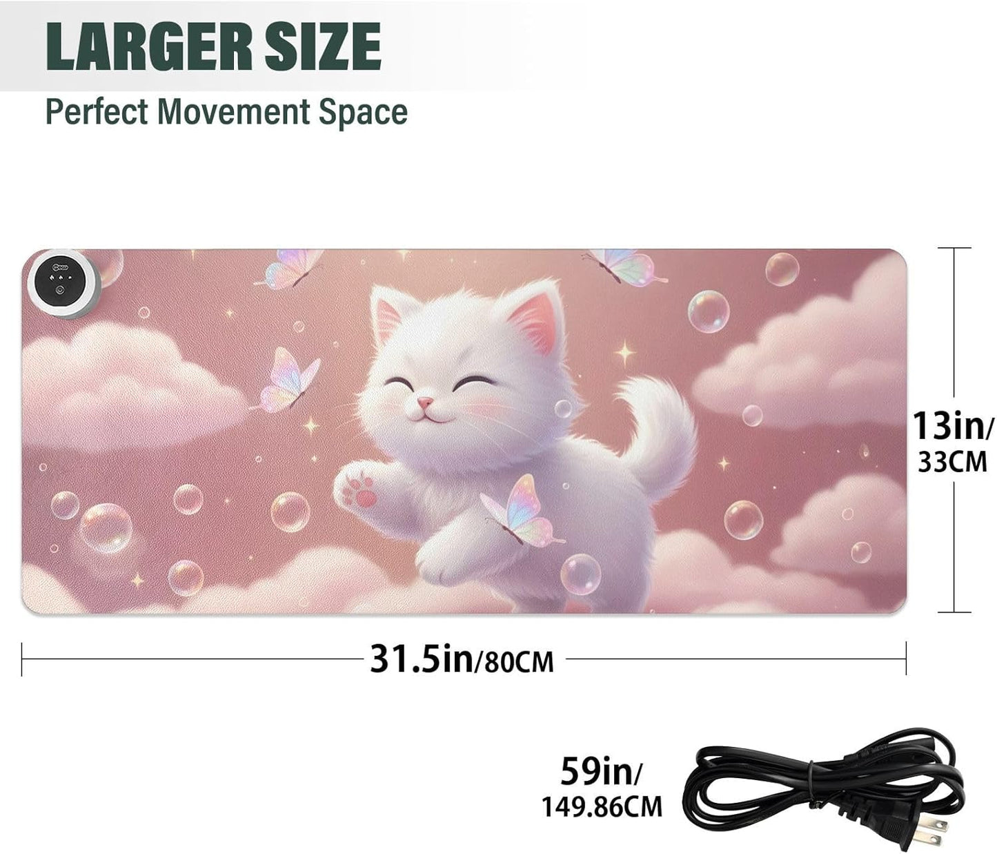 Large Heated Mouse Pad,Leather Desk Mat,31.5"x13",Hand Warmer Pads for Desk,Kitty Bubbles(Pale Pink)