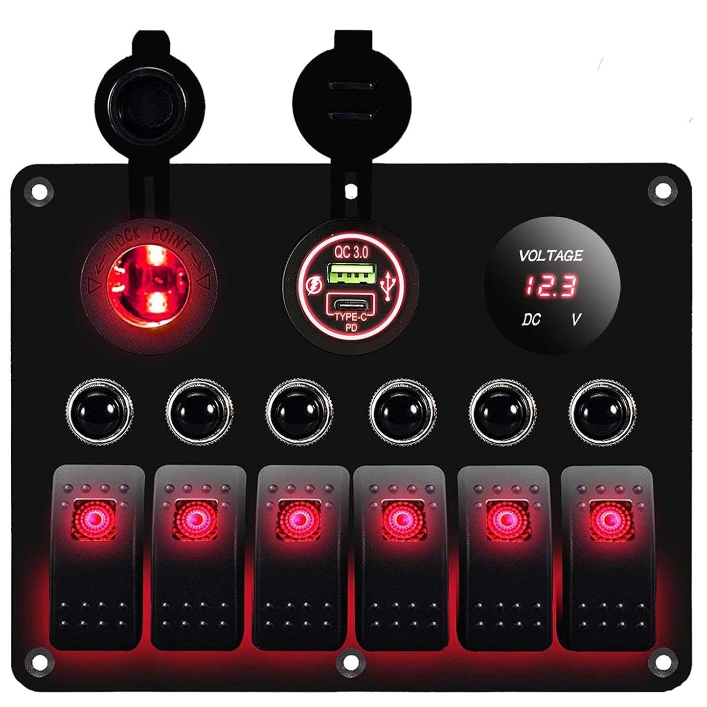 MKING 6 Gang Marine Switch Panel - Waterproof Rocker Switches with USB & Type-C Charger, Circuit Breaker, Digital Voltmeter, and Power Socket, Compatible with 12V-24V Vehicles