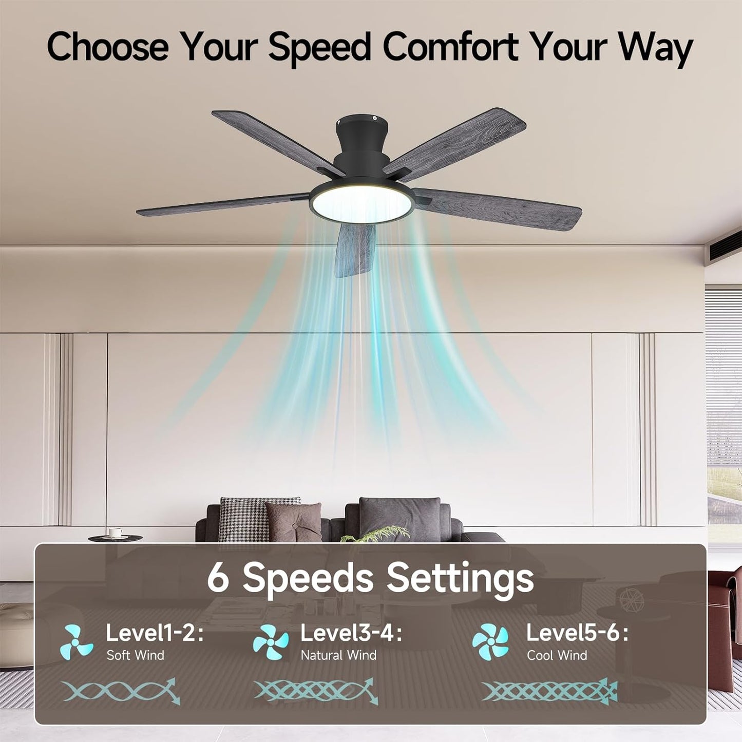 Ceiling Fans with Lights,52 inch,Quiet,Reversible Motor,Dimmable, Adjustable Color Temperature,6 Speeds,Timer, Low Profile Ceiling Fan for Bedroom,Living Room,Indoor/Outdoor Use(Gray)