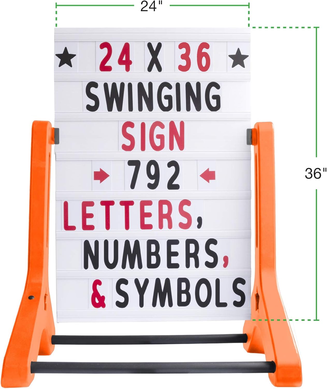 Swinging Changeable Message Sidewalk Sign: 24" x 36" Sign with 792 Pre-Cut Double Sided Letters and Storage Box. Includes Black Board & Letter Board (Orange Color Legs)