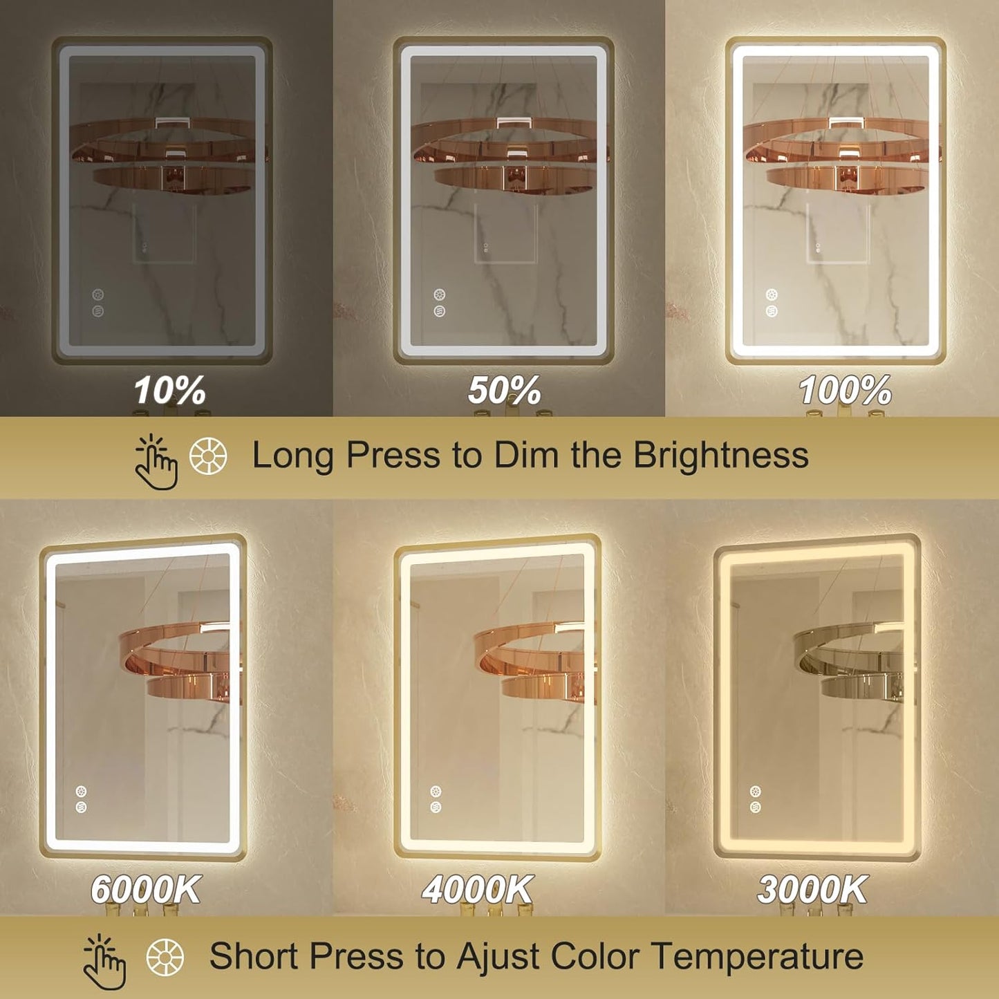 20"x 28" Gold Framed LED Mirrors for Bathroom, Wall Mounted Lighted Bathroom Vanity Mirror, Front and Backlight, Stepless Dimmable, 3 Colors, Anti-Fog, Memory, Smart Touch Button
