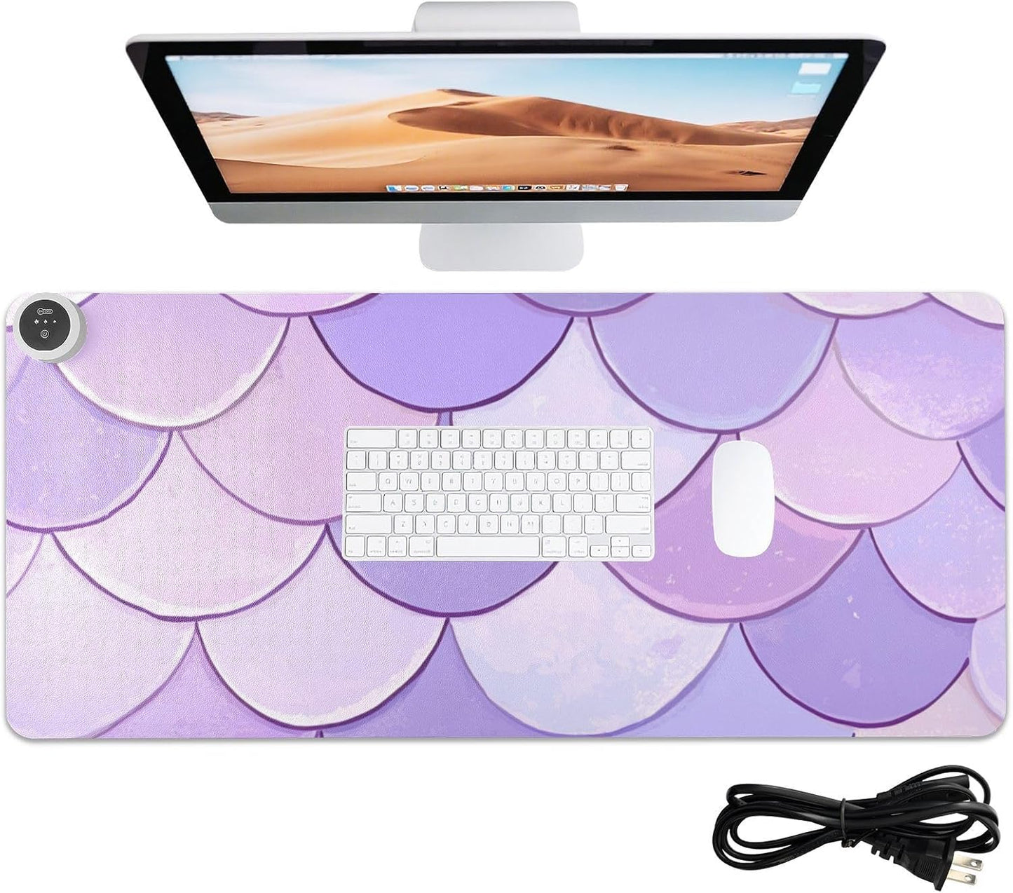 Heated Desk Pad Mouse Pad 31.5x13 Inch PU Leather Desk Mat with 3 Heat Levels Large Mouse Gaming Computer Laptop Mat Light Purple Fish Scales
