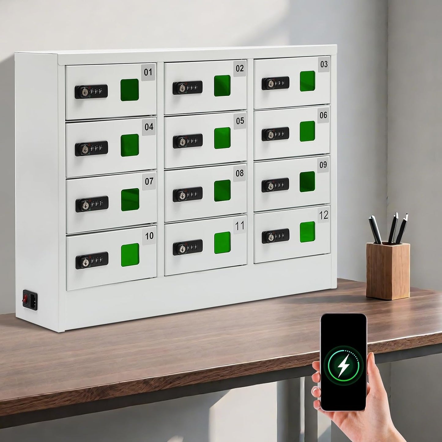 16-Unit Cellphone Charging Cabinet - Mobile Phone Charging Storage Cabinet, Combination Lock Smartphone Lockbox with QC3.0 Fast Charging & View Window for Classroom, Library, and Office (White)
