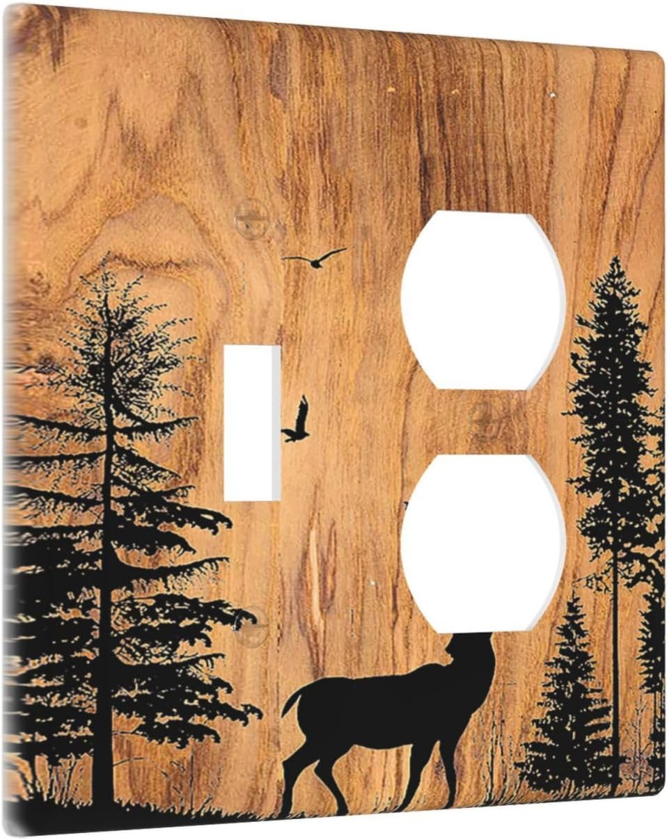 Wallplates Rustic Farmhouse Orange Brown Pine Tree Deer Wood Grain 1 Toggle 1 Duplex Switch Plate Electrical GFCI Faceplate Decorative Light Switch Covers for living Room Cabin Decor