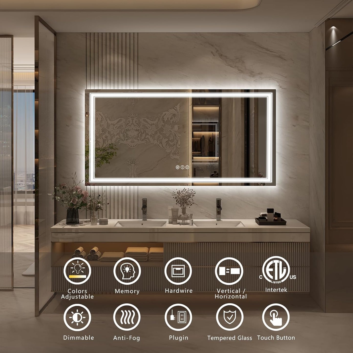 60x28 LED Lighted Mirror for Bathroom Wall, Large Vanity Mirror with Lights, Dimmable, Shatterpoof, Anti-Fog (Backlit and Front Lighted)