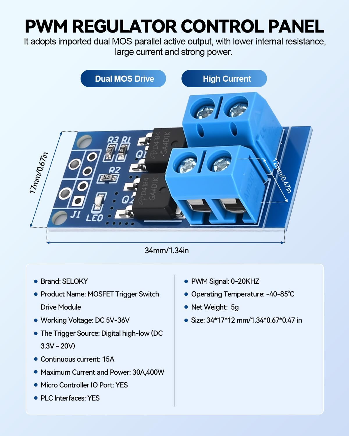Dual High-Power MOSFET Trigger Switch Drive Module 0-20KHz PWM Adjustment Electronic Switch Control Board Motor Speed Controller Lamp Brightness Control, DC 5V-36V 400W, 15A (Max 30A) (30PCS)
