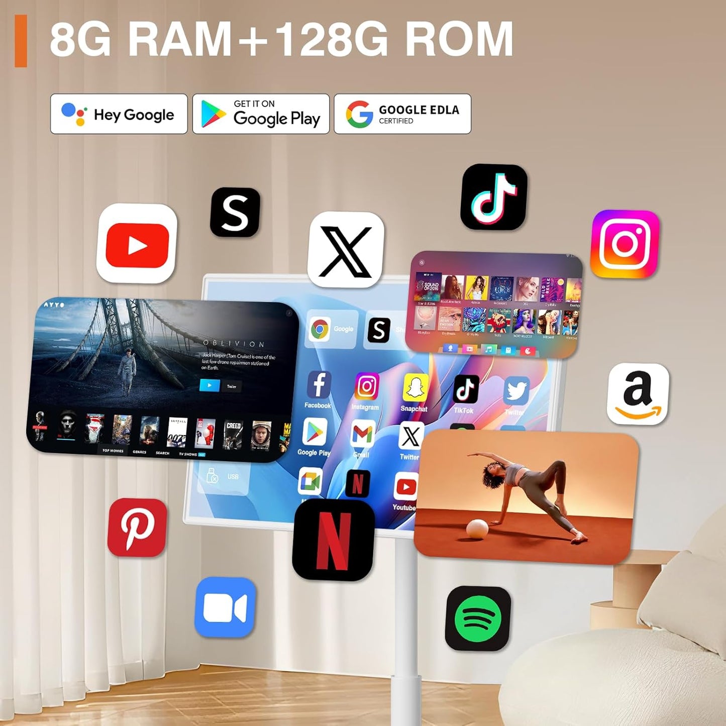 32-Inch Portable Smart Tablet, Portable TV on Wheels with 4K Camera, 8G RAM+128G Storage, Android 13 OS, Built-in Battery(Up to 8H), Full Swivel Rotation, Voice Remote Control(White)