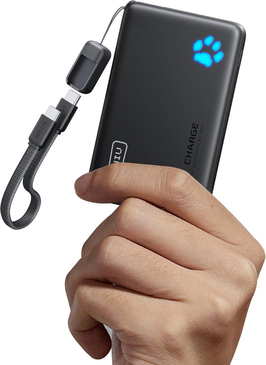 INIU Portable Charger, Ultra Slim 45W Fast Charging with Attached USB C Cable, Flight-Safe 10000mAh PD Power Bank Battery Pack, Travel Essential Phone Powerbank for iPhone 17 16 Samsung S25 Google etc
