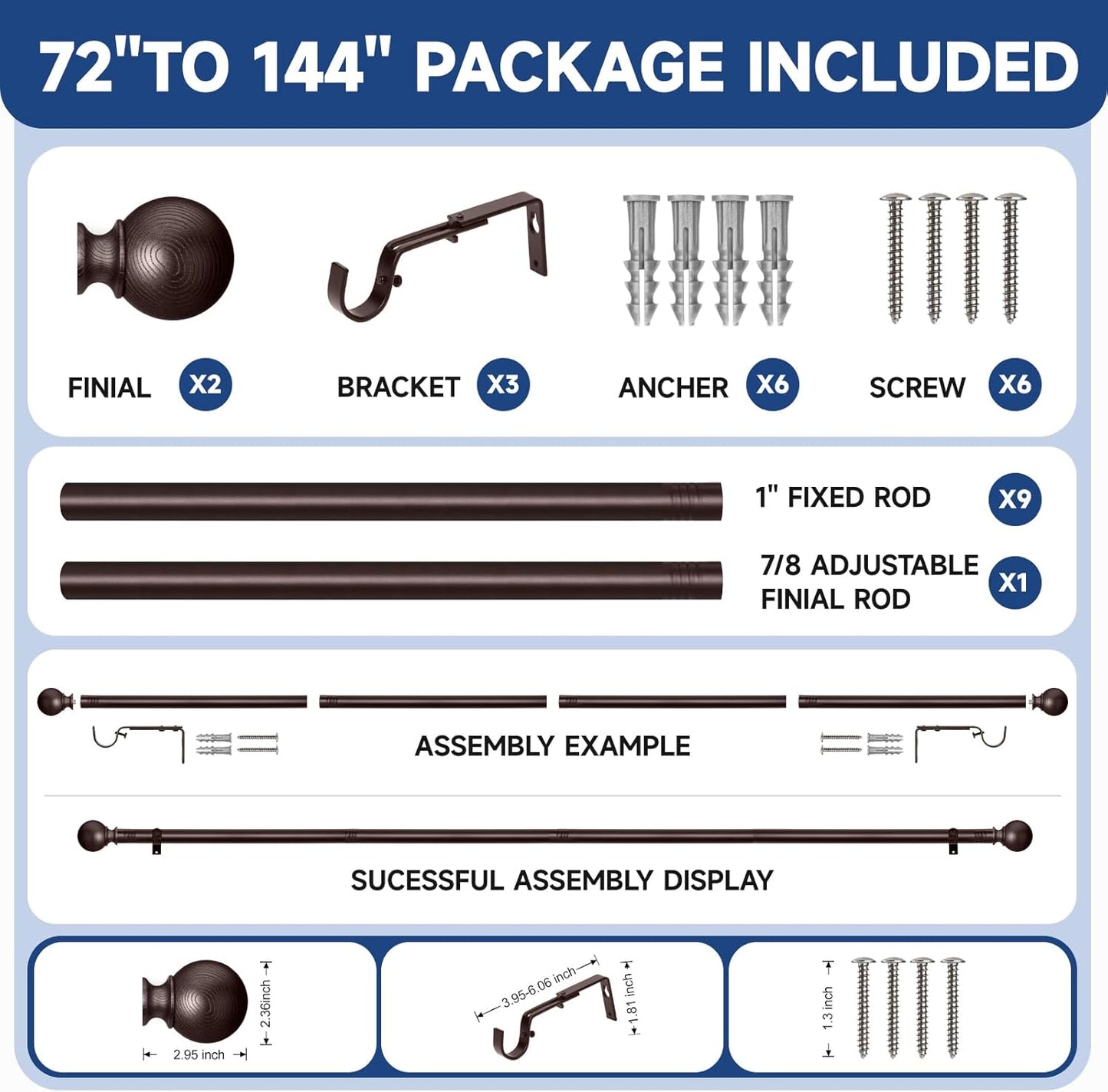 BRIOFOX Bronze Curtain Rods for Windows 72 to 144 Inch(6-12ft) - 1'' Diameter Heavy Duty Curtain Rods with Imitation Wood Grain Pattern Finials,Adjustable Decorative Curtain Rods Set,28-144''