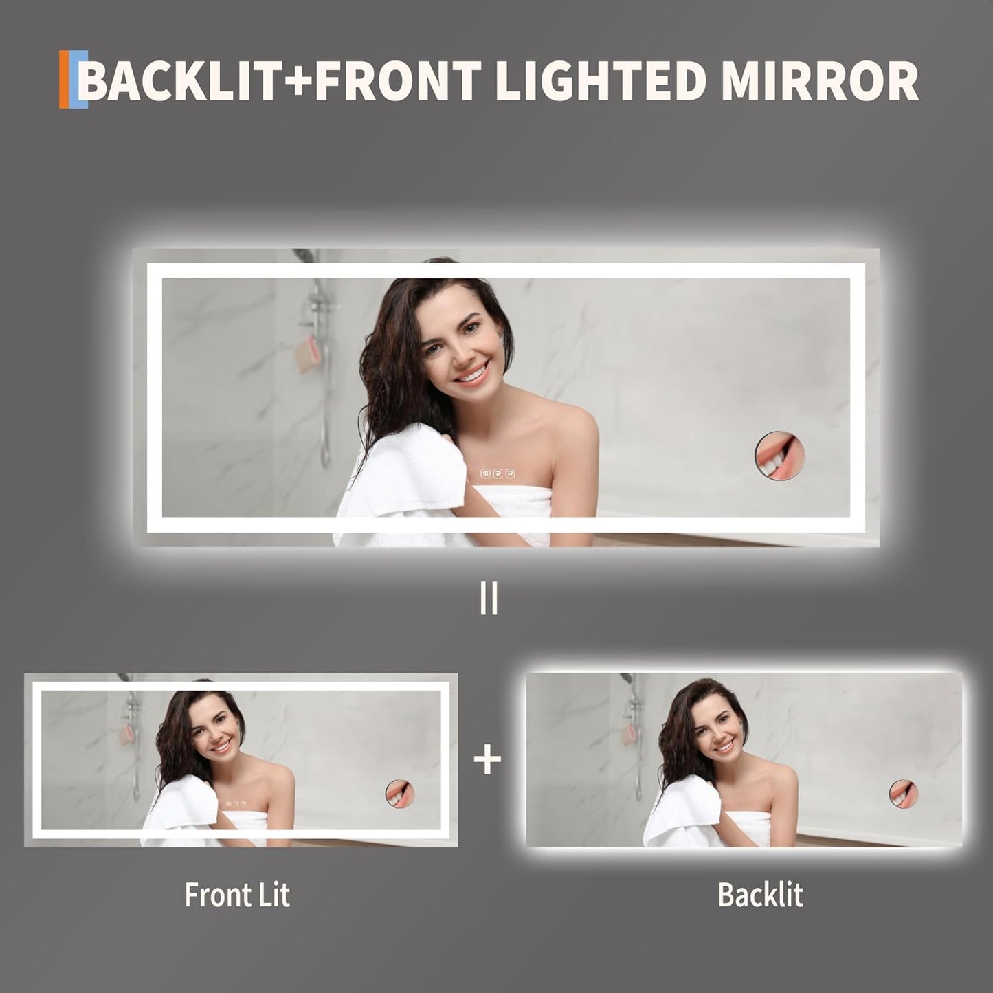 GarveeHome 60x24 LED Bathroom Mirror with Lights, Dimmable, Anti-Fog, Backlit + Front Lit, and 3X Magnification Mirror, Smart Bathroom Vanity Mirror for Wall, Memory Function, Shatter-Proof