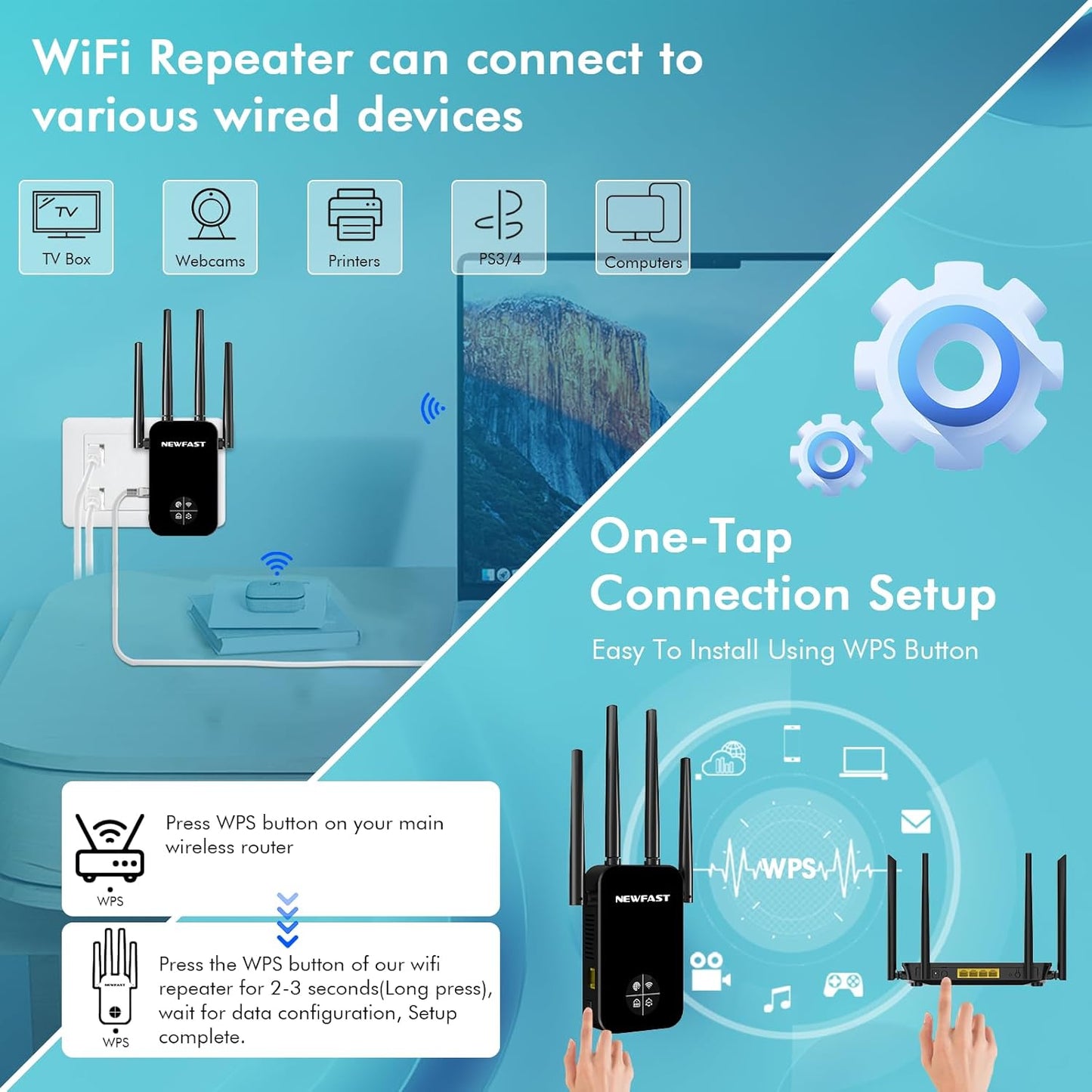 NEWFAST WiFi Extender Signal Booster RE523,1200Mbps Dual-Band WiFi Repeater,5GHz/2.4GHz WiFi Extender Supports WPS,MU-MIMO,Repeater/Router/AP Mode,Suitable for Home