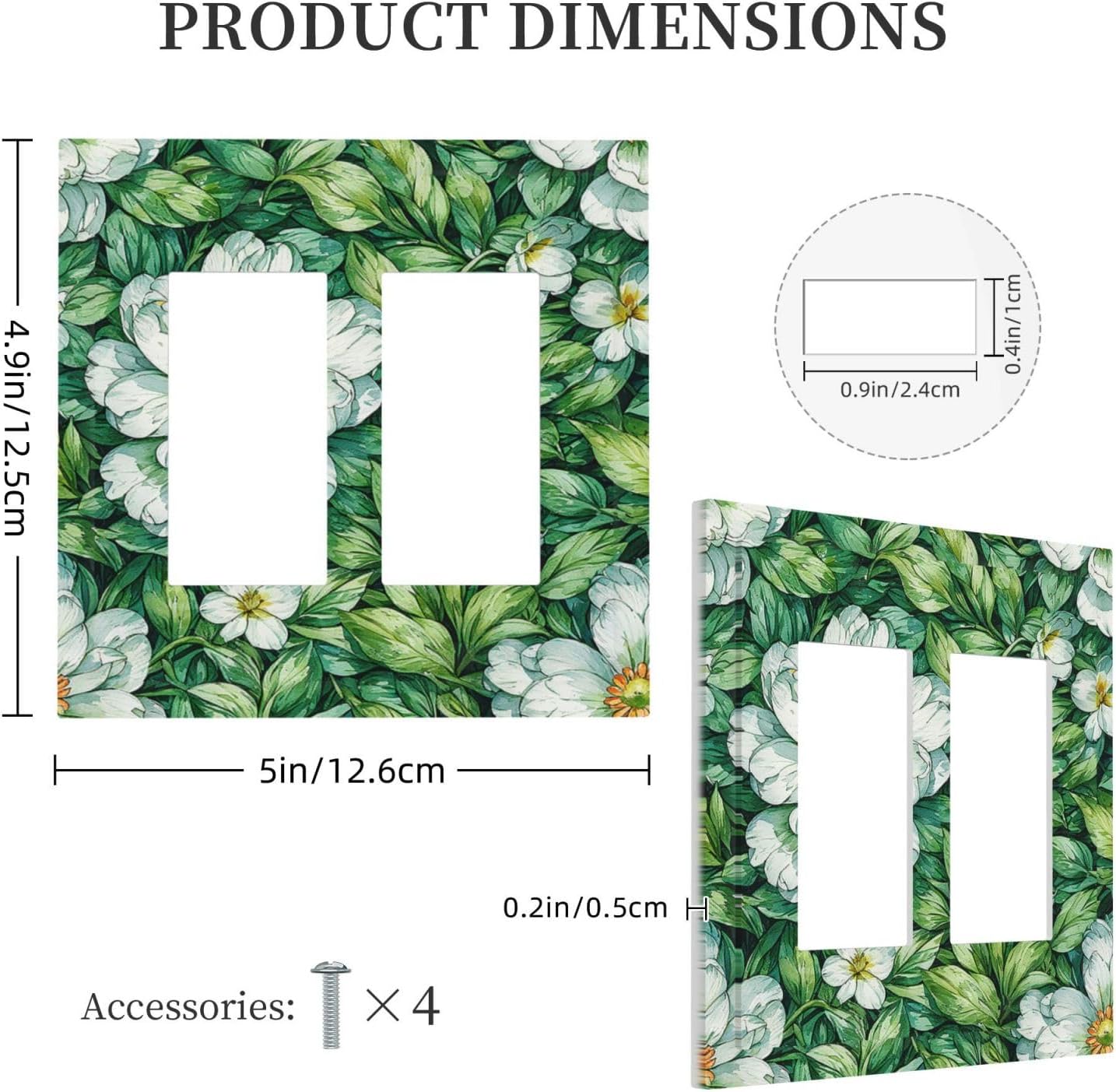Vintage Floral White Flowers Green Plants Leaves Decorative Outlet Covers 2 Gang Double GFCI Rocker Light Switch Cover Plate Electrical Wall Panels for Bedroom Bathroom Decor