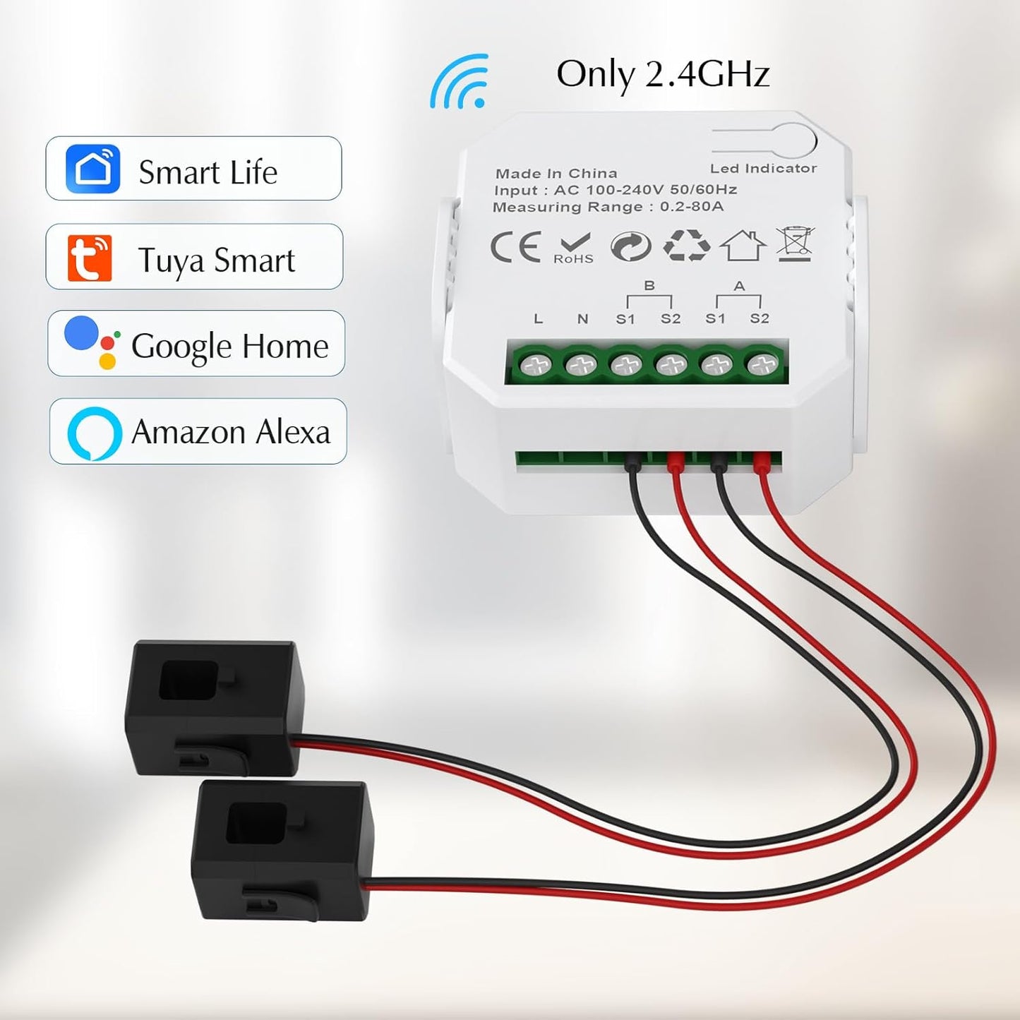 eMylo 2 Channel WiFi Power Meter 80A+80A Smart Power Monitor,Clamp Ammeter Power Monitor,2.4GHz WiFi,Real Time Monitoring,Smart Life/TUYA APP, Compatible with Alexa and Google Assistant