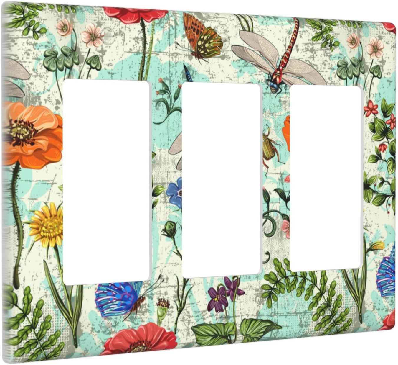 Dragonflies Flowers Butterfly 3 Gang Triple Rocker Outlet Light Switch Cover Decorative Wall Plate Cover For Home Living Bedroom Kitchen Decorative