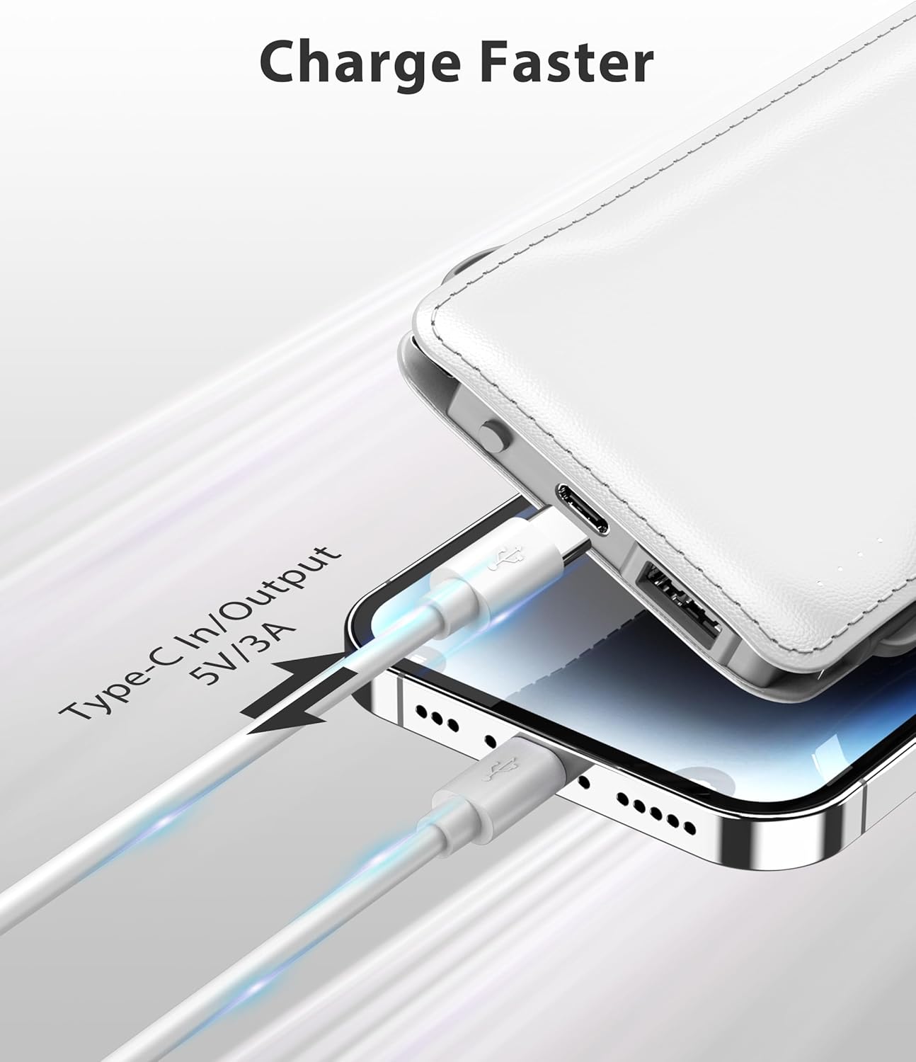 TG90° 10000mAh Power Bank Built-in Cables, Pocket Size USB C Portable Charger, 3A Fast Charging External Battery Pack, Travel Essential Phone Powerbank Compatible with iPhone Samsung iPad White