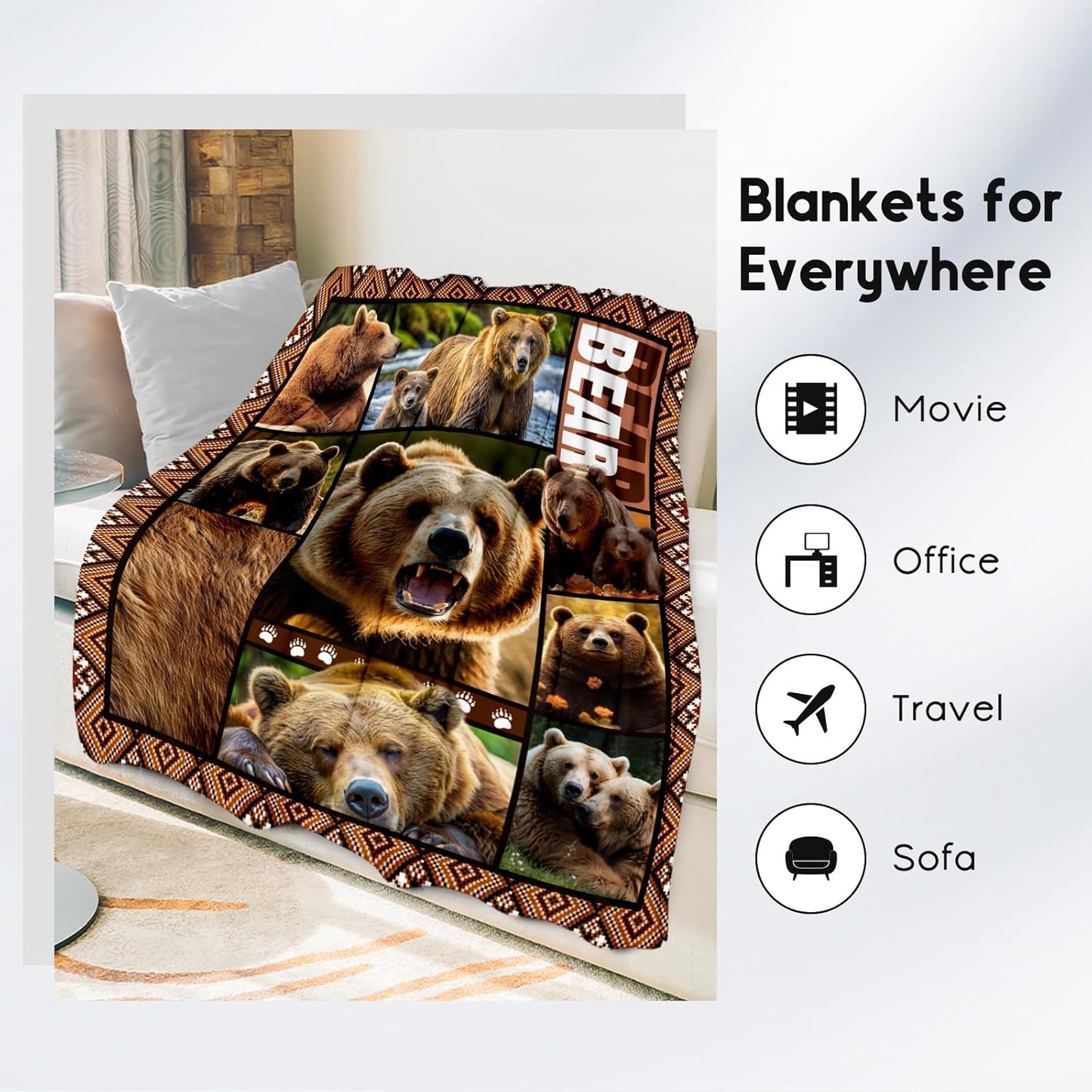 Blankets for Dad, Bear Blanket Gifts for Men Boys Adults, 30"x40" Forest Animal Throw Gift for Hunters - Soft, Fuzzy & Cozy Flannel Throws Wildlife Country Decor