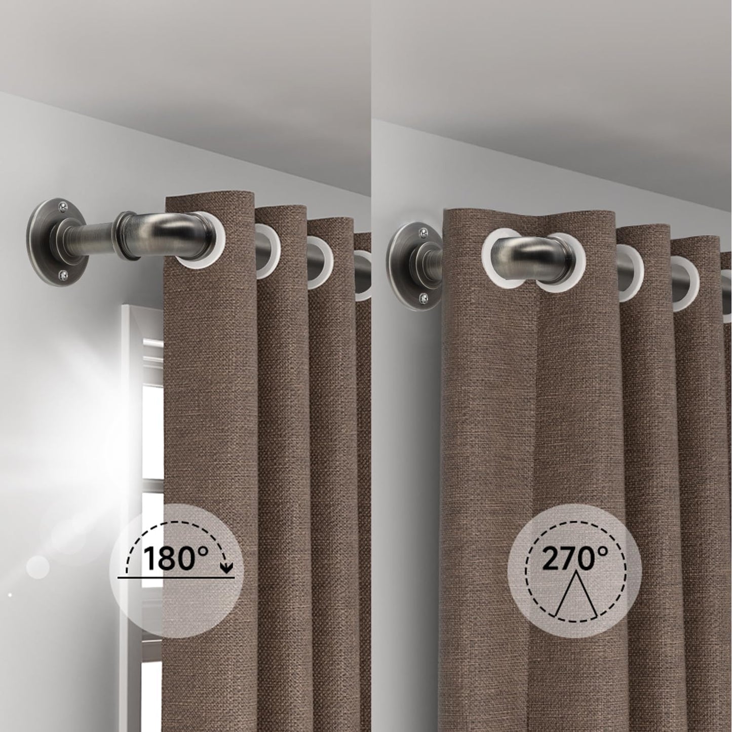 Industrial Curtain Rods 18 to 45 in,Wrap Around Rods, Adjustable Curtain Pole,1 in Diameter Pipe Wall or Ceiling Mounted,for Living Room(Antique Nickel 18” to 45”)