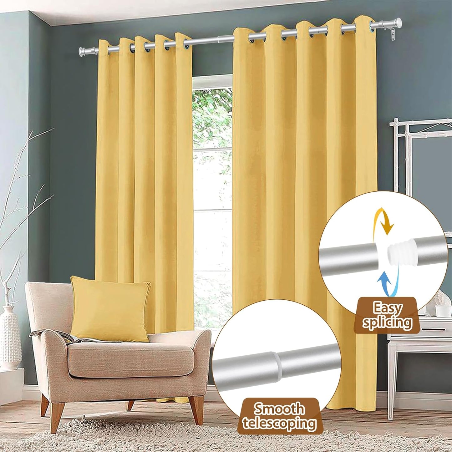 TONIAL 2 Pack Curtain Rods 32 to 58 Inch, Telescoping Splicing 3/4 Inch Single Rods for Windows Decorative Drapery Rod with Small Finial, Silver