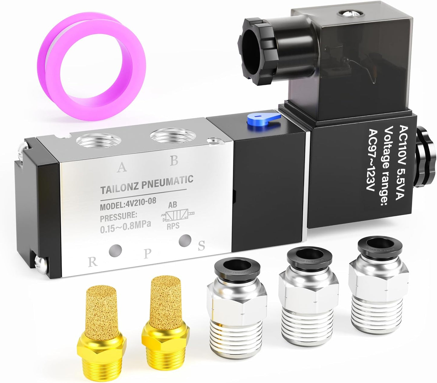 TAILONZ PNEUMATIC 1/4"NPT Solenoid Valve 4V210-08 AC110V Single Coil Pilot-Operated Electric 2 Position 5 Way Connection Type Junction Box