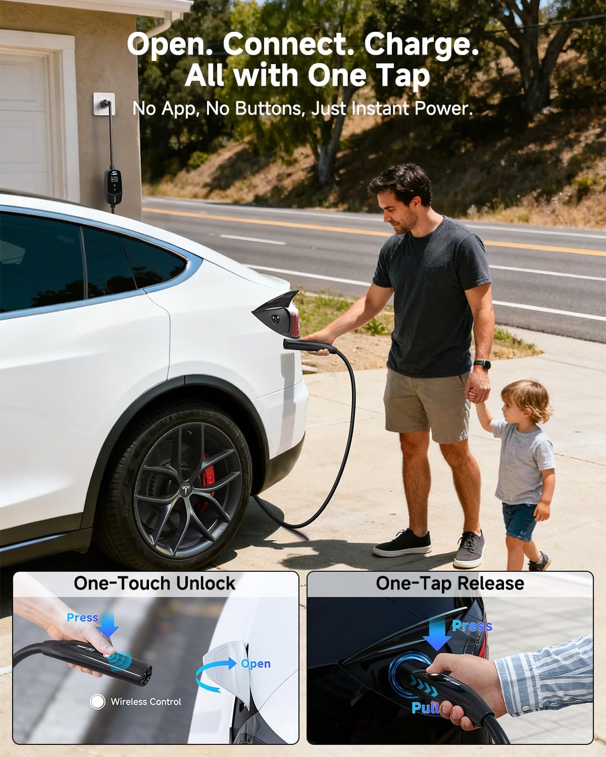 Level 1 & 2 EV Charger for Tesla 16A, Portable Electric Vehicle Charger with 25FT Cable, Adjustable Current & Timer Delay, NACS Connector Compatible with All Tesla Models S/3/X/Y/Cybertruck