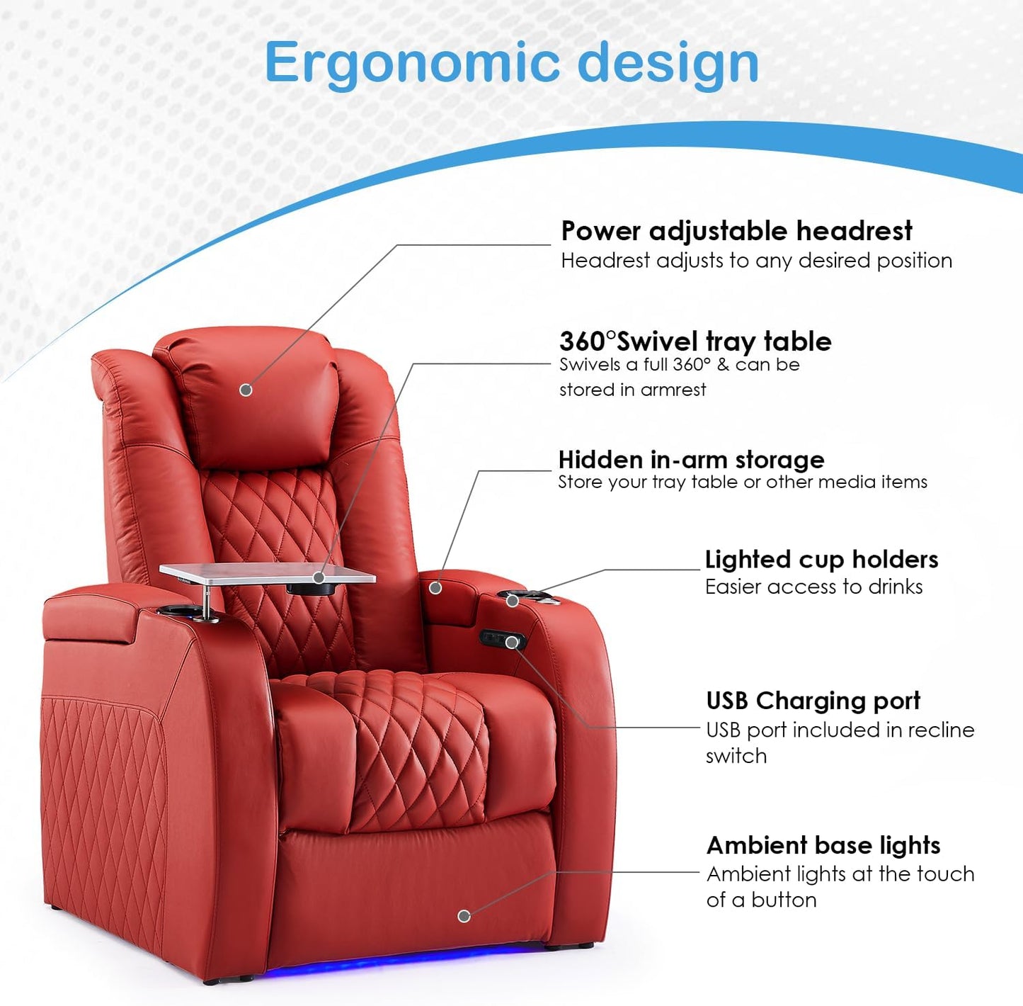 Weilianda Home Theater Seating Top Grain Leather Zero Gravity Recliner Chair Power Headrest Recline Movie Seat Gaming 7 Colors Mood Light Sofa with Tray Table USB Charge Row of 4 Loveseat Middle Red