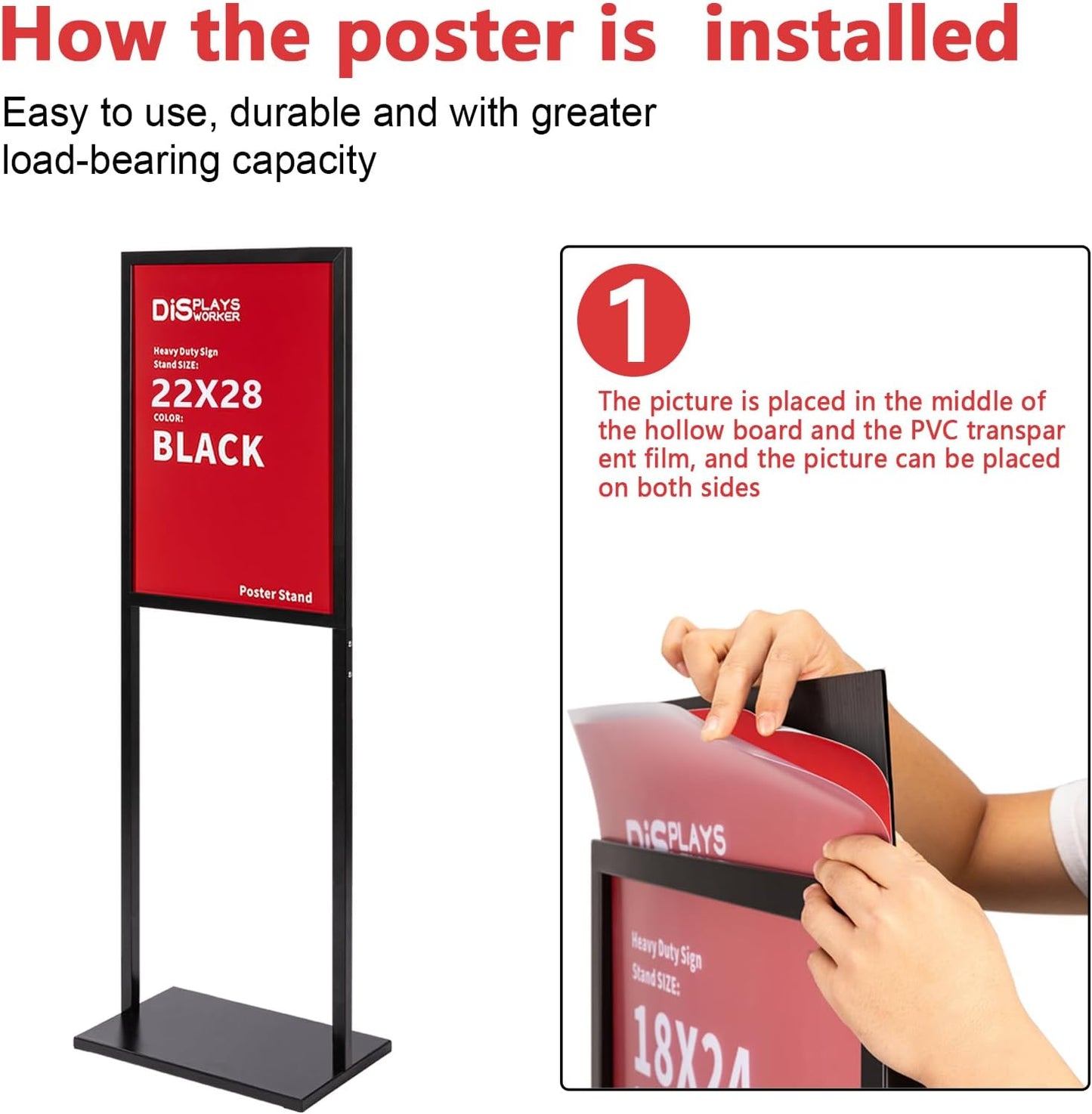 DISPLAYSWORKER Sign holder floor stand, heavy Duty Pedestal poster banner stand for display,22×28 inch slide-in double sided poster sign holder floor standing for board Display (Black, 22×28)