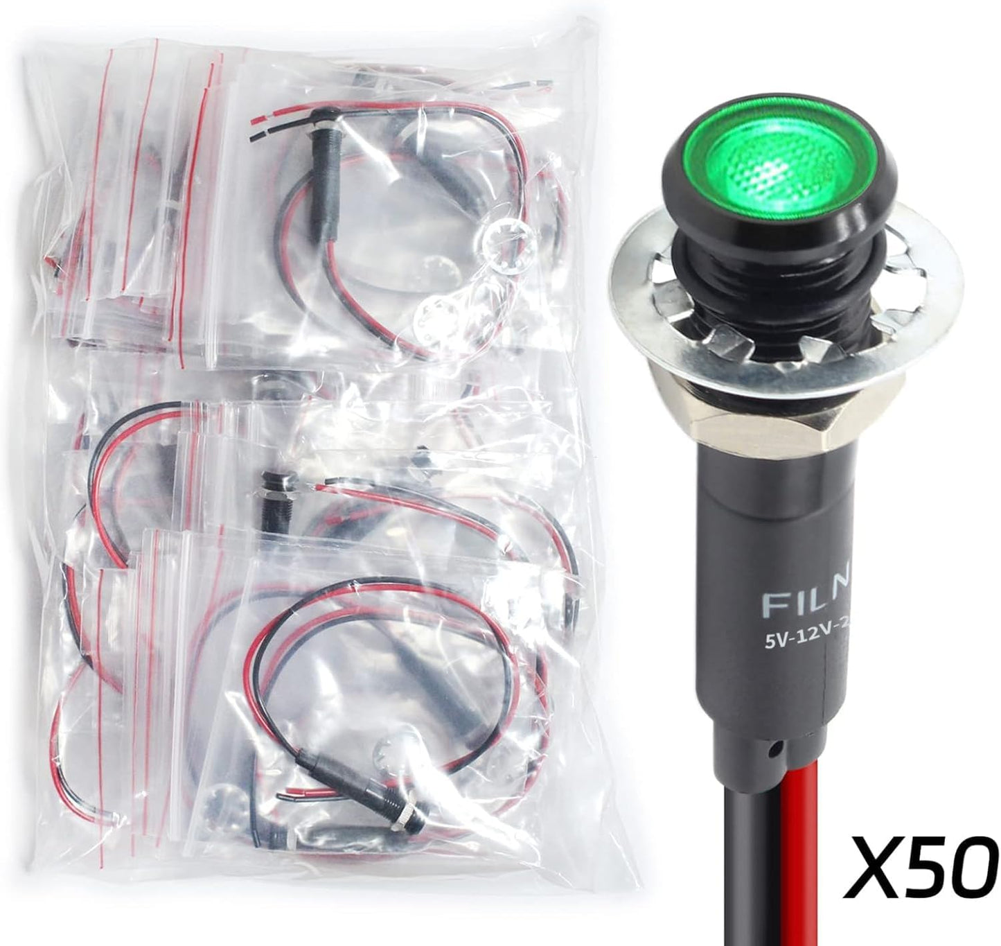 50Pcs 8MM (5/16") Indicator Light 12V 24V Metal Pilot Lamp Lights Aluminum Black Anodized Waterproof ip67 Signal Lamp(12V-24V Black Anodized-Green)