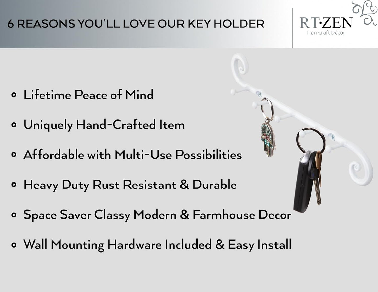 RTZEN Farmhouse Small Key Holder for Wall - Handcrafted Swirl Decorative 5 Key Hooks for Home Entryway - Wrought Iron Wall Mount Rack Purse Coat and Leash Holder or Organizer (Classic White)