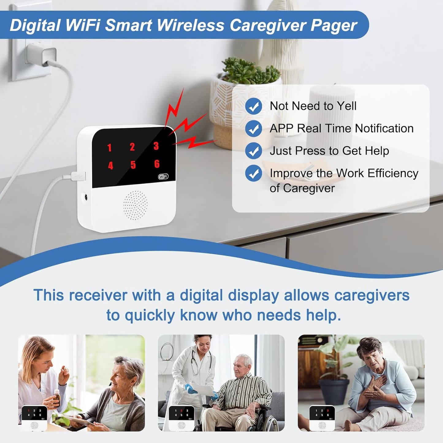 WiFi Caregiver Pager Wireless Call Button Life Alert Systems for Seniors No Monthly Fee with LED Number Display Alert Button for Elderly Patient Disabled 6 Button 1 Receiver(only Supports 2.4GHz WiFi)