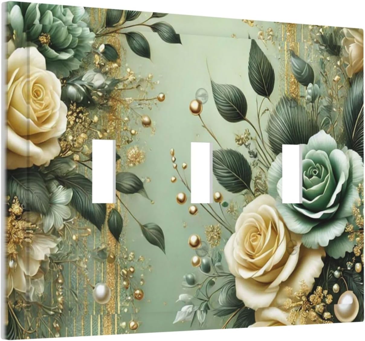 Decorative Light Switch Cover Plate Rustic Green Floral Leaves Teal Flowers Gold Stripe 3 Gang Wall Plate Oversized Triple Toggle Switch Cover Plate Jumbo Faceplate