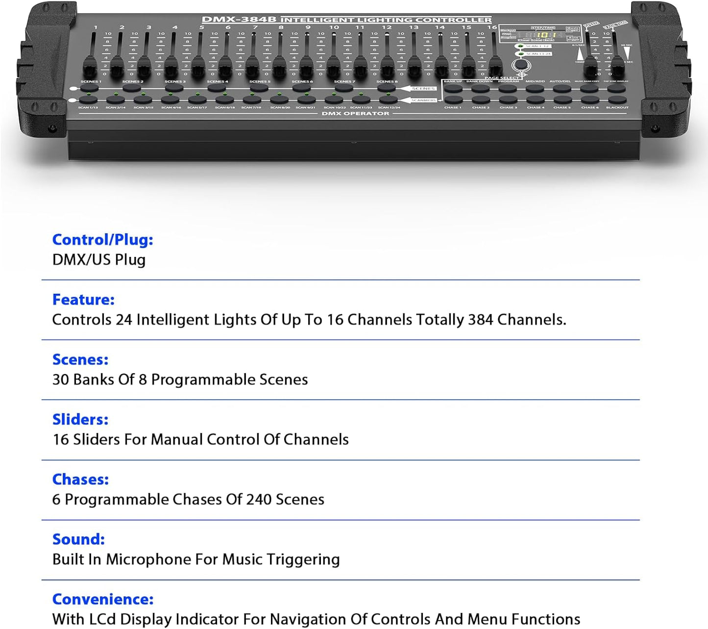 DJ Controller 384CH Fog DMX-512 DJ Controller Support 30 Banks 8 Scenes 24 fixtures Stage Lighting Console for Program Editing of DJ Lights Show Bar Club Live