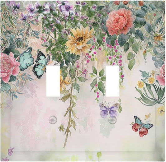 Rustic Floral Watercolor Flower Blossom Butterfly 2 Gang Double Toggle Light Switch Cover Decorative Switchplate Electrical Wall Plates Faceplate for Bathroom Bedroom Decor 4.9 X 5 IN