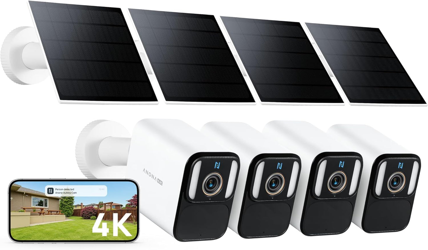 Anona Aurora 4K Solar Security Cameras Wireless Outdoor, Forever Power with Solar Panel, 8MP Color Night Vision, 24/7 AOV Recording, No Monthly Fees, AI Detection, Easy Setup, 2.4 G WiFi, IP67, 4 Pack