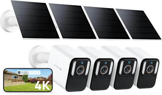 Anona Aurora 4K Solar Security Cameras Wireless Outdoor, Forever Power with Solar Panel, 8MP Color Night Vision, 24/7 AOV Recording, No Monthly Fees, AI Detection, Easy Setup, 2.4 G WiFi, IP67, 4 Pack
