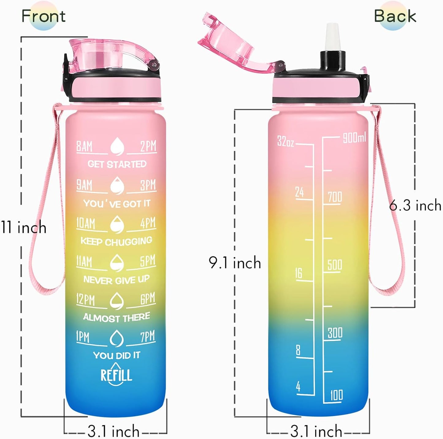Enerbone Water Bottle, Leakproof BPA & Toxic Free, Motivational Water Bottle with Times to Drink and Straw, Fitness Sports Water Bottle with Strap for Office, Gym, Outdoor Sports