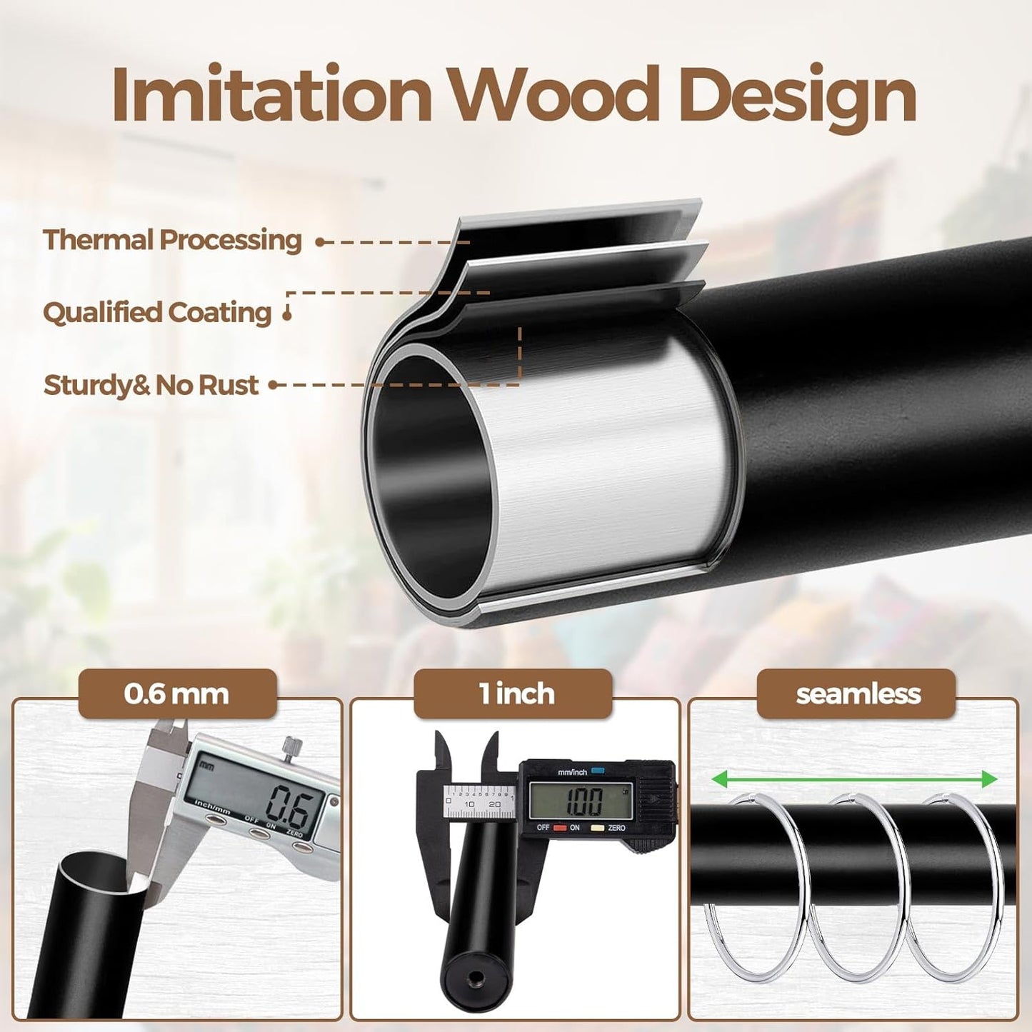 KAMANINA Wood Curtain Rods for Windows 32 to 58 Inch(2.6-4.8ft), 1 Inch Adjustable Drapery Rod, Decorative Heavy Duty Curtain Rods with Leaf Pattern Finials, Black