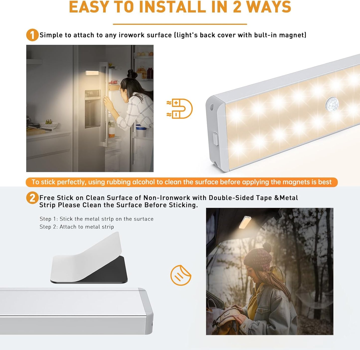 LED Closet Light, 20LEDs Rechargeable Motion Sensor Under Cabinet Lighting, Stick-Anywhere Night Safe Light Bar for Wardrobe,Kitchen-3 Pcs,Warm White