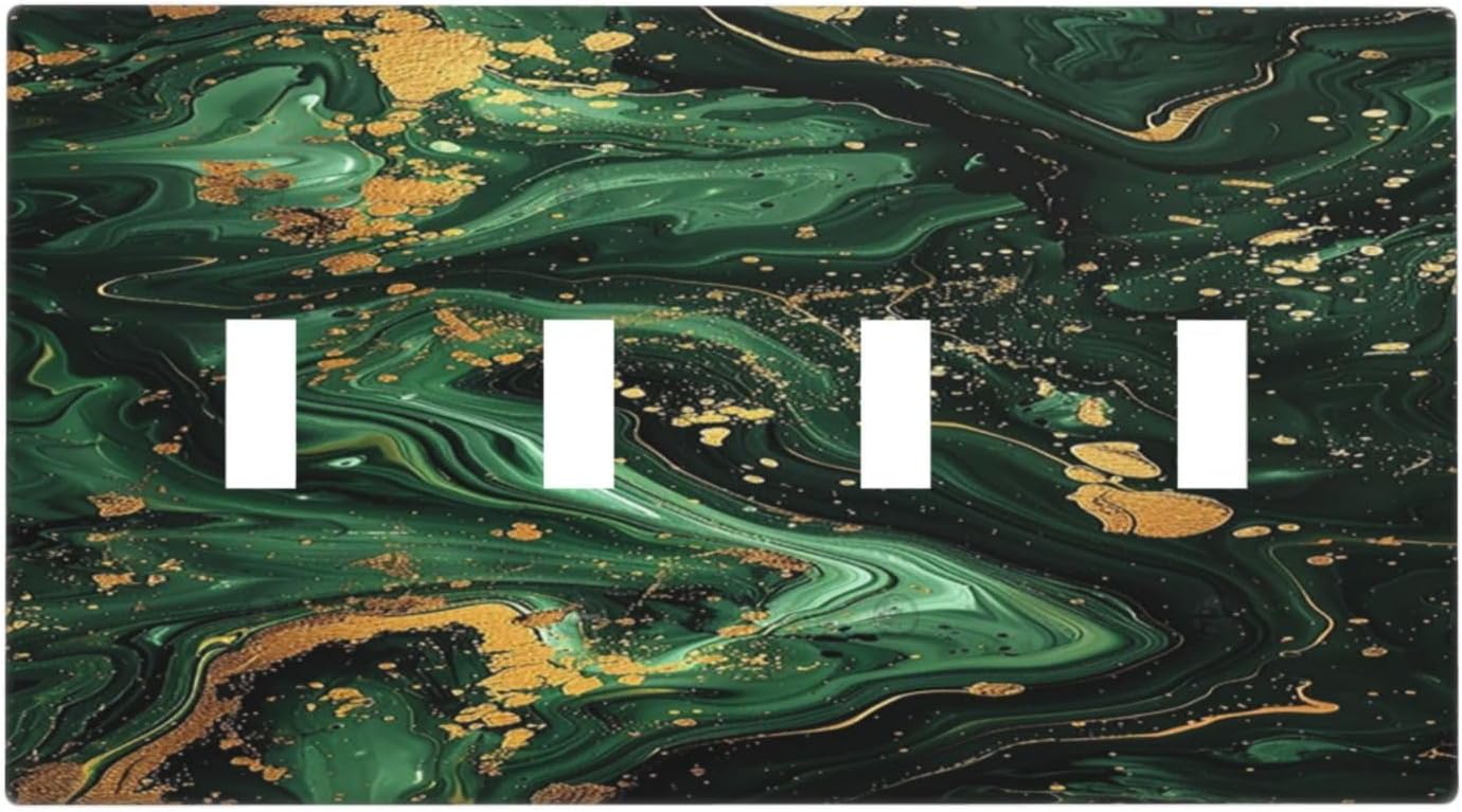 Light Switch Cover Plate Green/Gold Modern Abstract Luxury Marble Quad Toggle Wall Plates Decorative Switch Plates 4 Gang Outlet Covers Electrical Panel Cover Faceplate for Home Decor 4.5 X 8 IN
