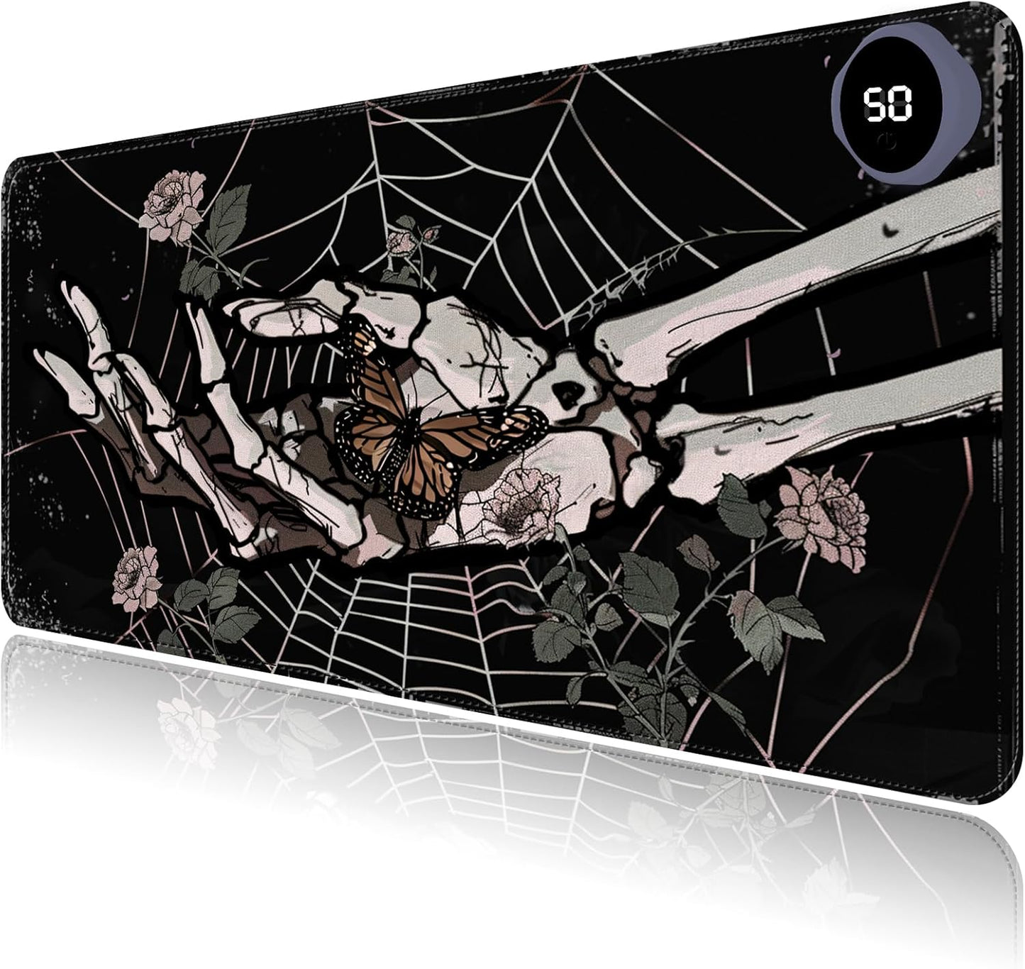Heated Mouse Pad with 3 Levels Heated & 3 Hours Auto Shut-Off Mouse Pad for Warming Hands in Office Home, 31.5" x 13"Large Safe Desk Mat Hand Warmer，Skeleton Hand Spider Web