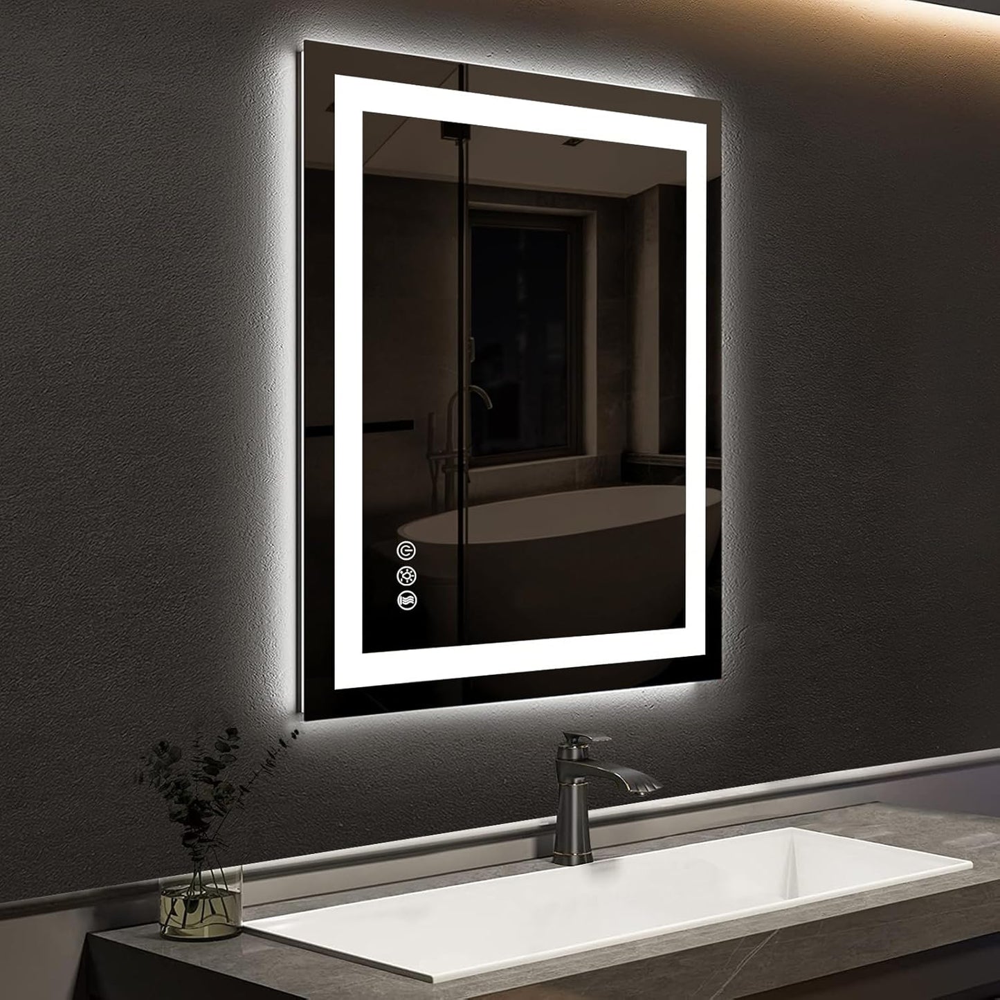 ROOMTEC 24 x 32 Inches LED Bathroom Mirror with Front and Backlit,Anti-Fog,3 Colors and Dimmable Light(Horizontal/Vertical), Silver