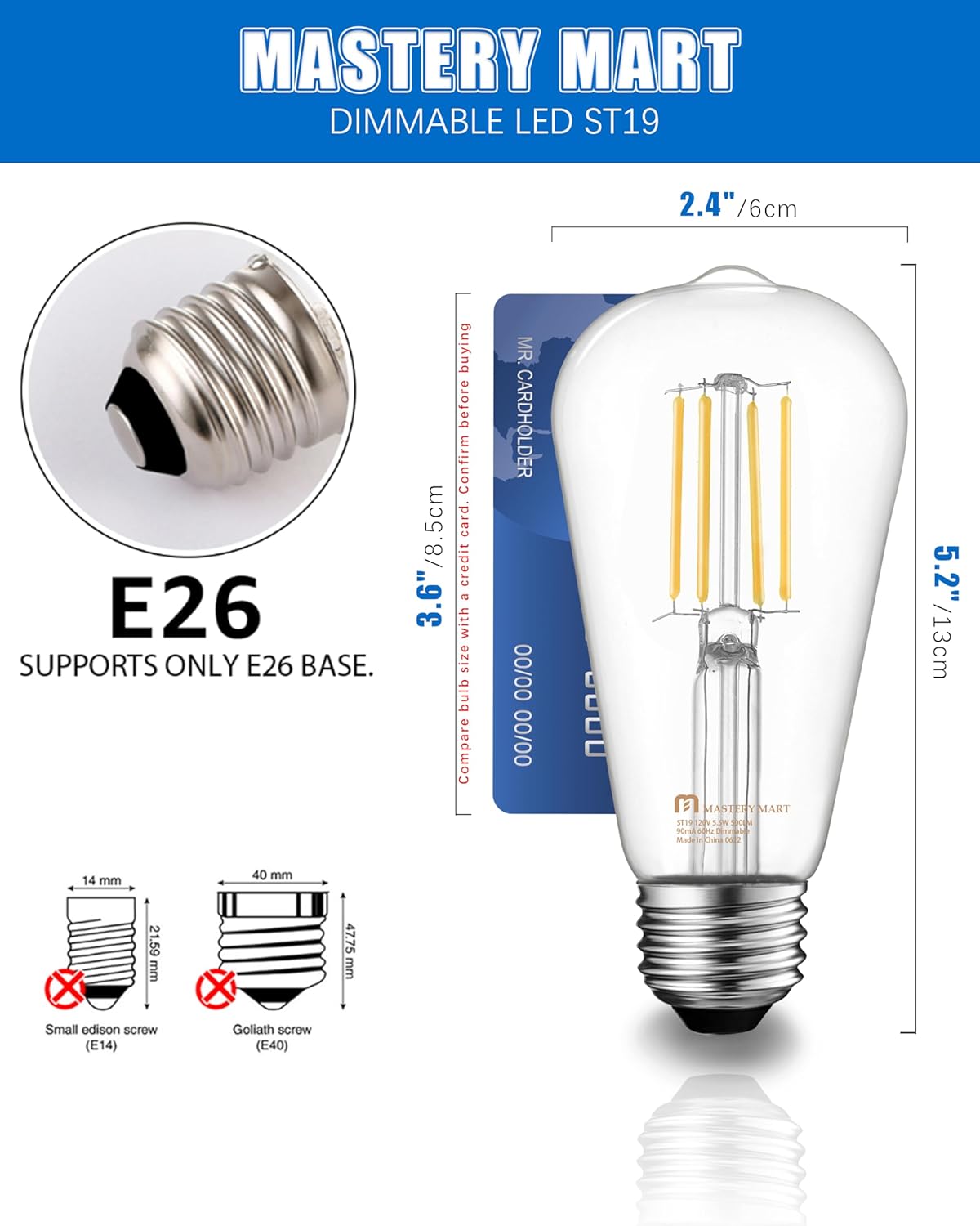 Mastery Mart 24 Pack Vintage LED Light Bulb 5000K Daylight White, Dimmable, 5.5W (60 Watt Equivalent), ST21/ ST64 Clear Glass Antique Edison Style, 500LM E26 Decorative Filament Bulb