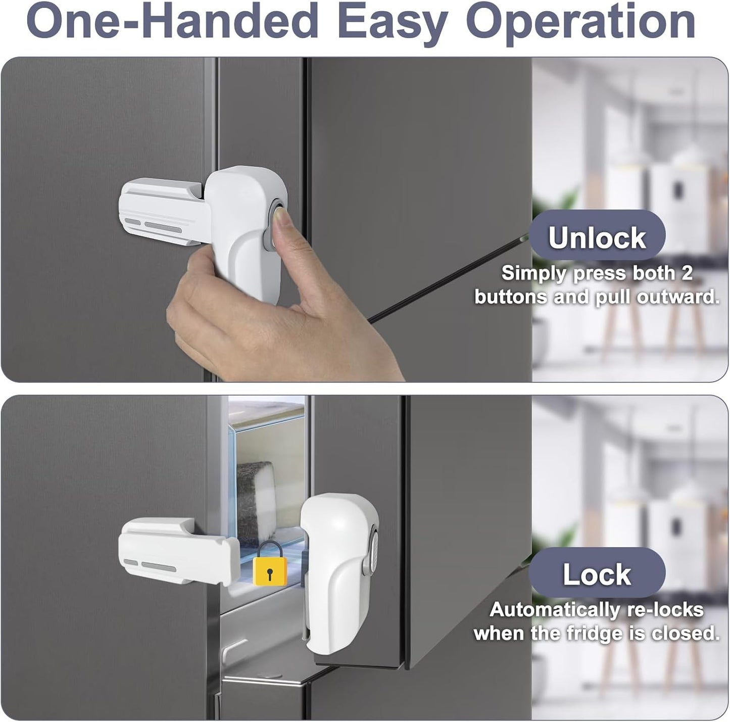 Fridge Lock for Kids, Childproof Refrigerator Door Lock, Fridge Latch with 3M Adhesive, Freezer Locks Automatically Closed, No Drill No Screw, More Security for Kids/Pets (1 Pack, White)