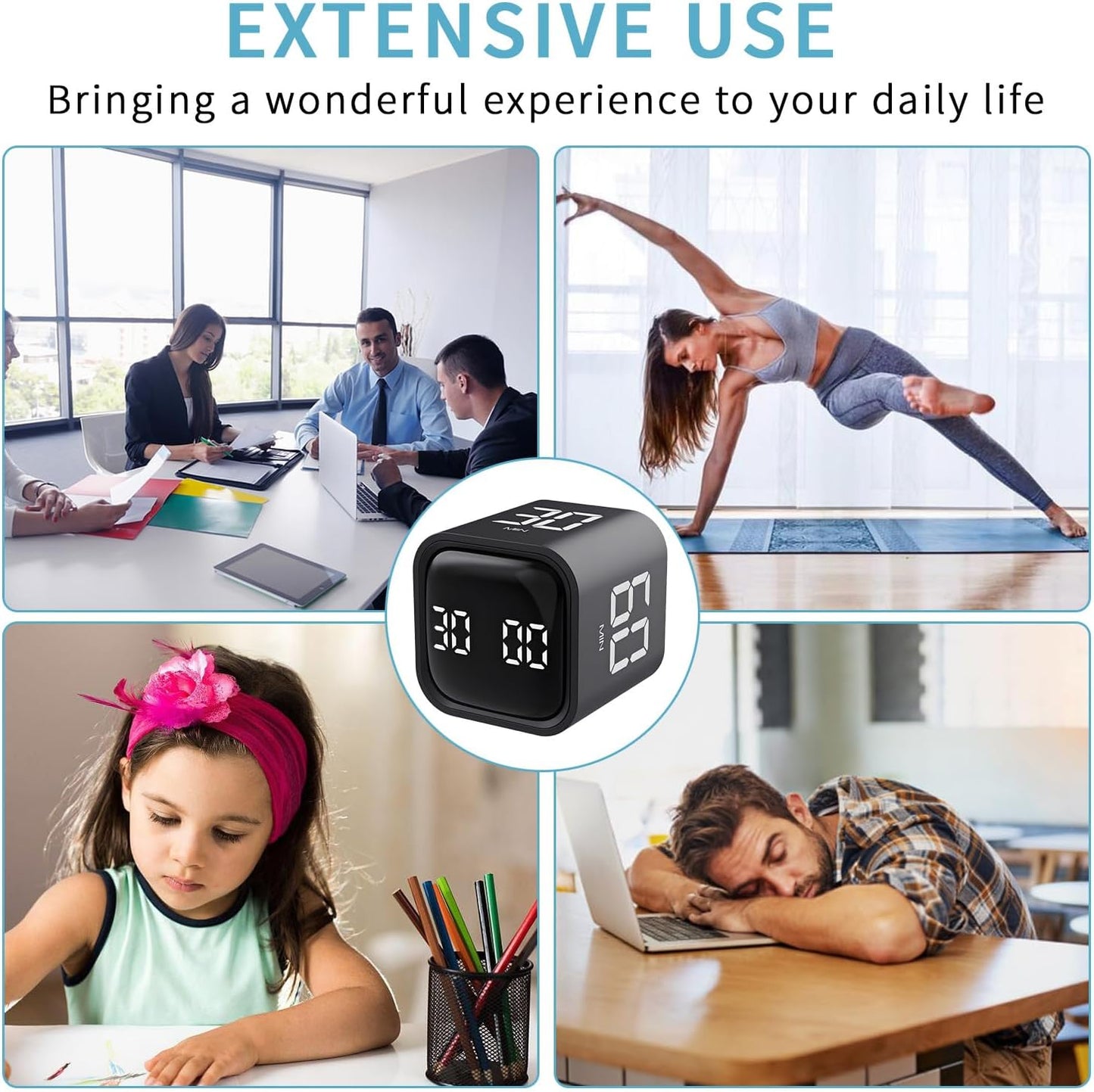 Pomodoro Timer, Cube Productivity Timer with Adjustable Sound and Vibration Alert, Ideal for Work, Office, ADHD, Study, and Tasks - 5/10/30/60 Minutes & Custom Countdown - Black