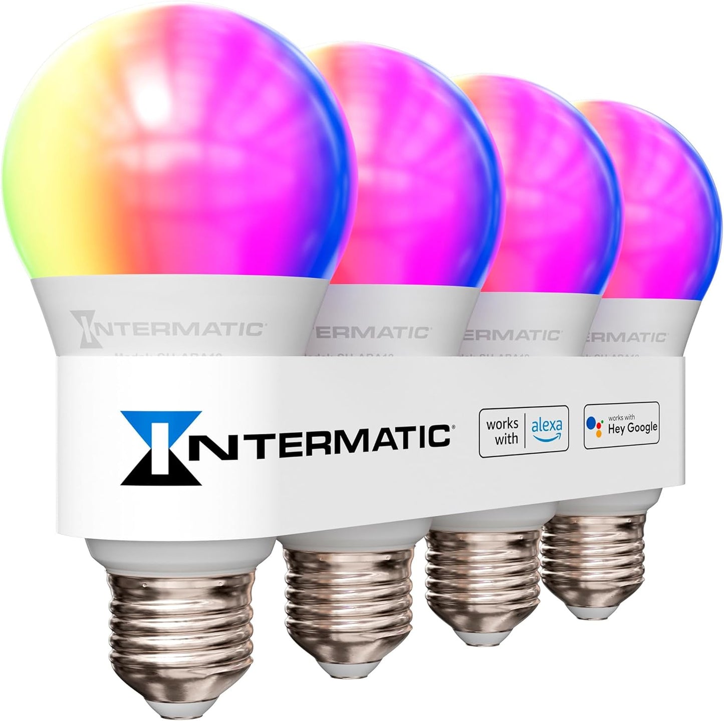Intermatic ABRA A19 Wi-Fi Smart Bulb, 800 Lumens - Voice Controlled RGB LED, Compatible with Alexa & Google Home - Timers & Schedules, 2.4 GHz Wi-Fi Only, No Hub Required (4 Pack)